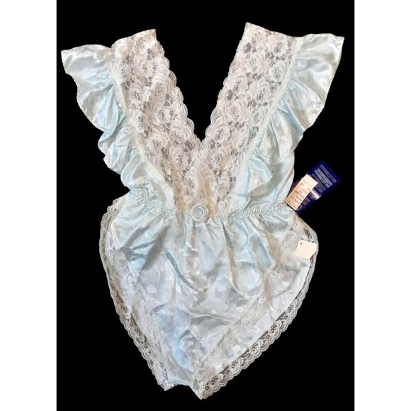 New Vintage 80s Lily Of France Size Large Lace Satin Teddy Baby Blue - Picture 1 of 6